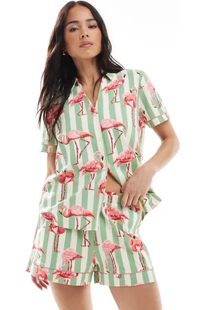 Chelsea Peers Cotton short sleeve revere shirt and shorts set in striped flamingo print