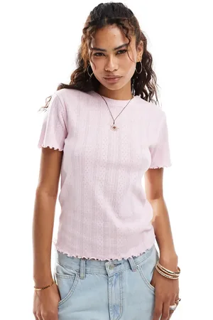 Pieces® Pointelle t-shirt with baby lock detail in roseate pink