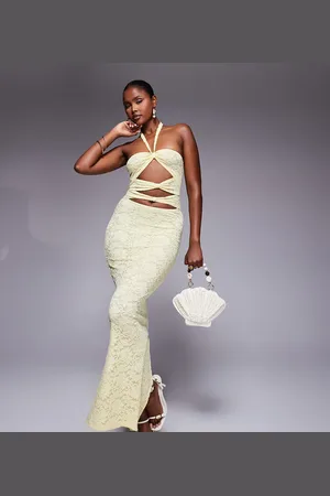 Murci Exclusive lace halterneck cut out maxi dress in yellow