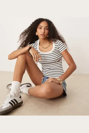 Gina Tricot Scoop neck slim fit short sleeve rib top in black and white stripe-Multi