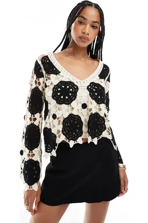 Object Premium long sleeve crochet top in monochrome-White