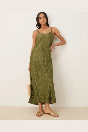 VILA Plisse cami maxi slip dress in olive green