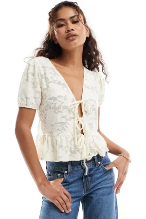 Miss Selfridge Lace puff short sleeve tie front top in -Neutral