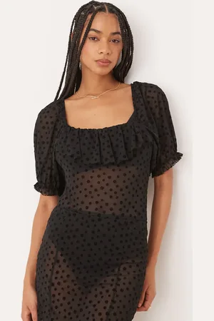 ASOS Floral flocked mesh short sleeve bodysuit with ruffle detail in