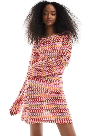 Pieces® Crochet long sleeve mini dress in red and orange stripe
