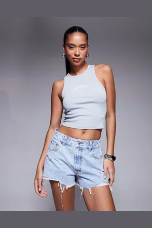 ASOS Denim relaxed shorts with rips in wash-Blue