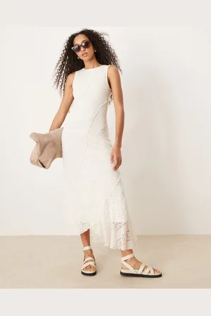 Gina Tricot Antique lace craft sleeveless asymmetric hem midi dress in natural