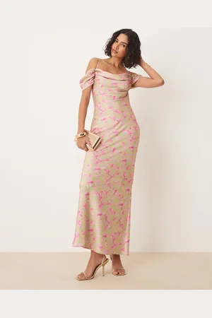 Pretty Lavish Cowl neck slip maxi dress in olive and fuchsia floral-Pink