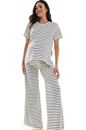 Mama;licious Mamalicious Maternity wide leg jersey pants in cream and navy stripe (part of a set)-White