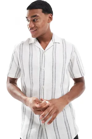 JJ Revere collar textured short sleeve shirt in white stripe