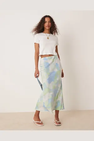 VILA Satin midi skirt in blue and green marble print-Multi