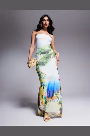 Kaiia Exclusive slinky bandeau landscape print maxi dress in