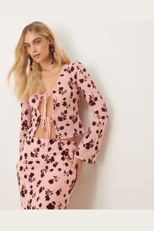 ASOS Tie front floral flocked sheer top in (part of a set)