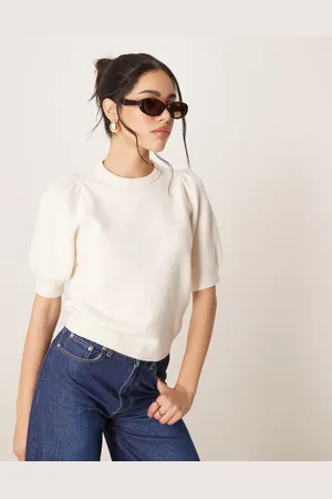 Gina Tricot Knitted short sleeve sweater with puff sleeves in -White