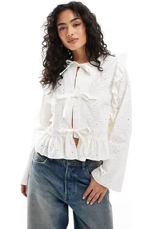 Object Tie front long sleeved blouse with ruffles in off white