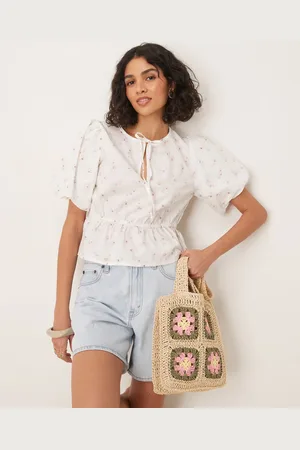 Gina Tricot Puff sleeve blouse top with tie front in -White