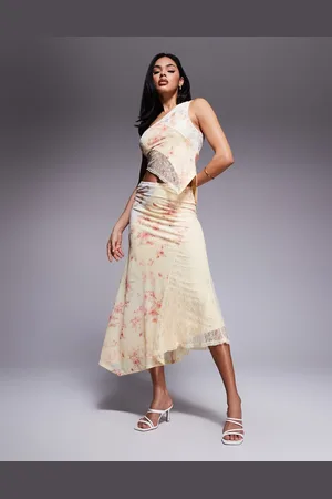 Love Triangle Asymmetric spliced floral lace midi skirt in multi (part of a set)-Yellow