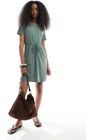 VERO MODA Tie waist jersey mini dress in khaki-Green
