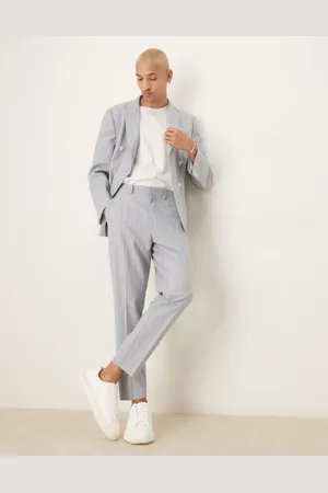 ASOS Tapered suit pants in blue pinstripe with linen look