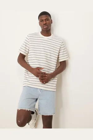 SELECTED Knitted t-shirt in cream blue stripe-White