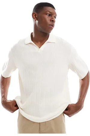 JACK & JONES Open neck polo in rib in cream-White