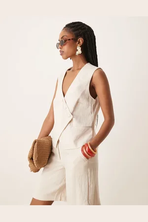 VILA Tailored asymmetrical placket detail waistcoat in cream (part of a set)-White