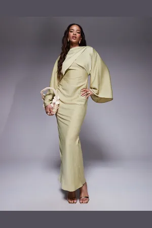 ASOS Wrap front batwing satin bias maxi dress in green