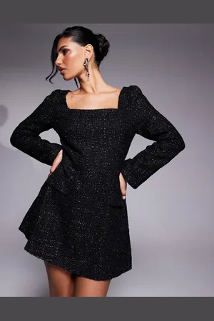 In The Style X Hannah Brown structured boucle square neck tailored pocket detail mini dress in
