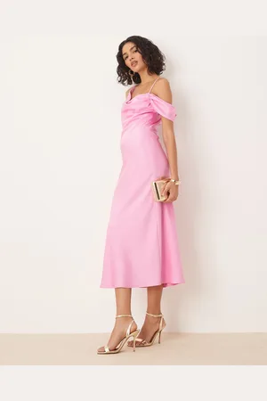 Pretty Lavish Off-shoulder satin midaxi slip dress in pink