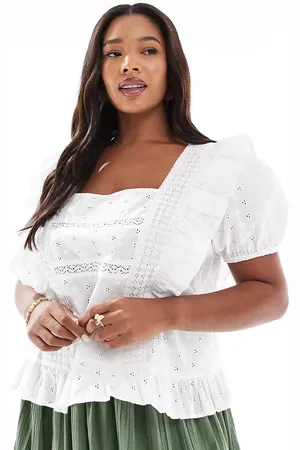 ASOS ASOS DESIGN Curve square neck top with ruffles in broderie-White