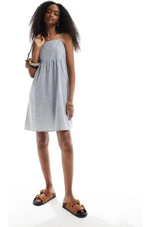 Pieces® Shirred floaty cami mini dress in blue stripe
