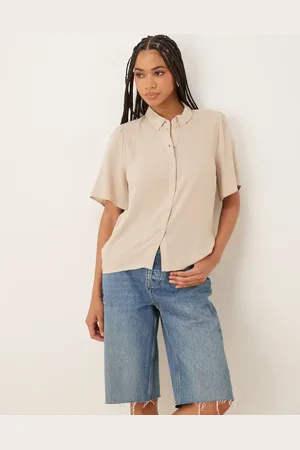 VILA Linen-touch flutter sleeve shirt in stone-Neutral