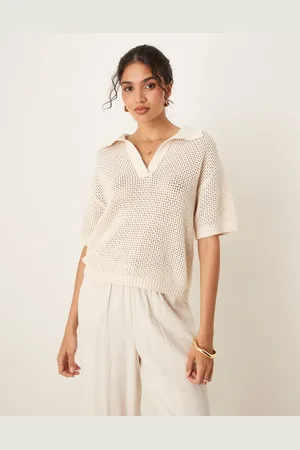 JDY Open knit polo top in -Neutral