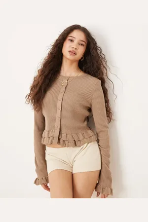 ASOS Knitted crew neck cardigan with frill detail in -Brown