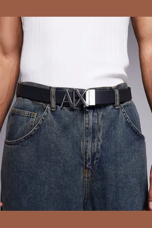 Armani Exchange Reversible logo belt in navy and cream