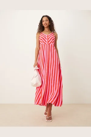 Y.A.S Button front cami maxi dress in pink and red stripe-Multi