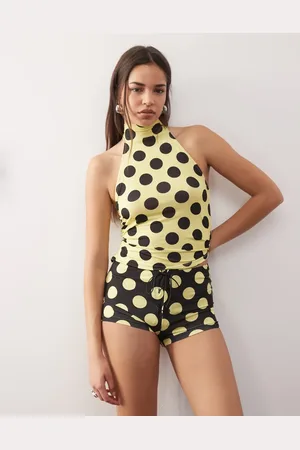 COLLUSION Micro mini shorts in yellow giant spot with lace up (part of a set)-Multi