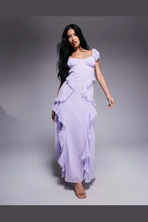 ASOS Gathered sleeve midi dress with ruffles in -Purple