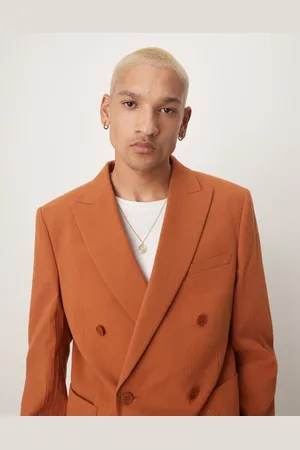 ASOS Slim double breasted suit jacket in crinkle texture-Red