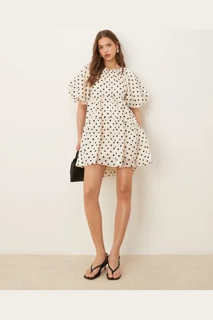 Y.A.S Balloon sleeve voluminous mini dress in cream with black polka dot-Multi