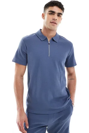 Only & Sons Texture half zip polo in indigo blue (part of a set)-Navy