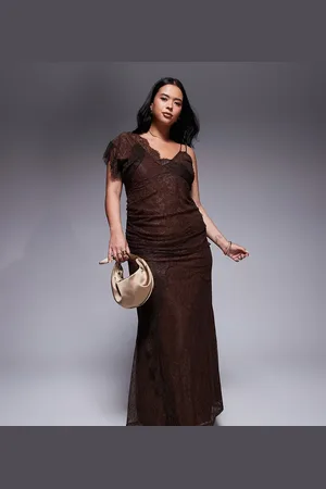 ASOS ASOS DESIGN Curve asymmetric lace strappy maxi dress with full hem in -Brown