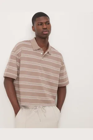 ASOS Cropped oversized polo in beige stripe-Neutral