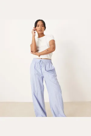 VILA High waist wide leg stripe dad pants with turn up cuff in blue