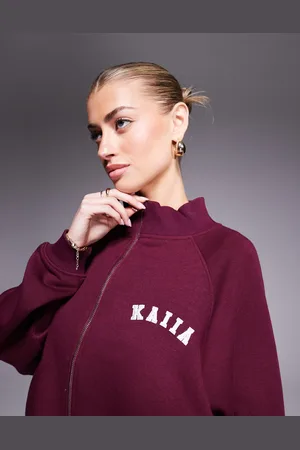 Kaiia Oversized zip through contrast logo sweat bomber jacket in (part of a set)-Red