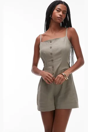 Topshop Linen button down playsuit in -Green