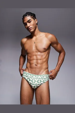 ASOS Swim briefs in green and white geo print