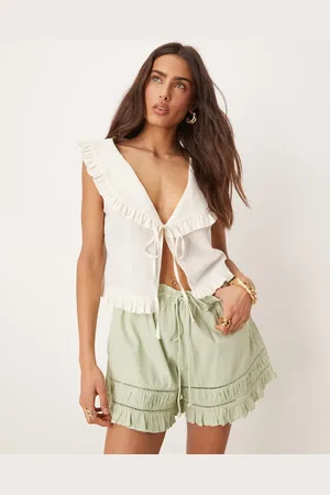 Free People Pull-on shirred insert shorts in light green-White