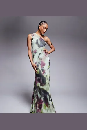 ASOS ASOS DESIGN Tall mesh one shoulder exposed seams maxi dress with full hem in abstract -Multi