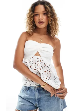 ONLY Broderie twist front bandeau top in white